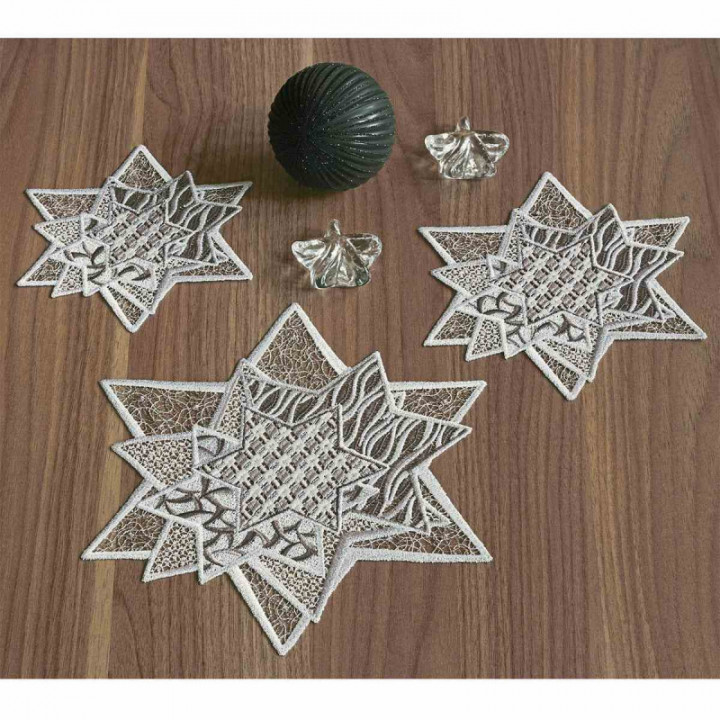 Winter-Deckchen Sternenzauber Plauener Spitze grau 3er Set