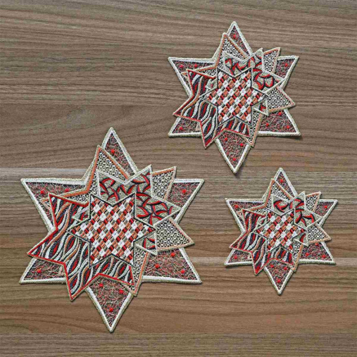 Winter-Deckchen Sternenzauber Plauener Spitze rot 3er Set