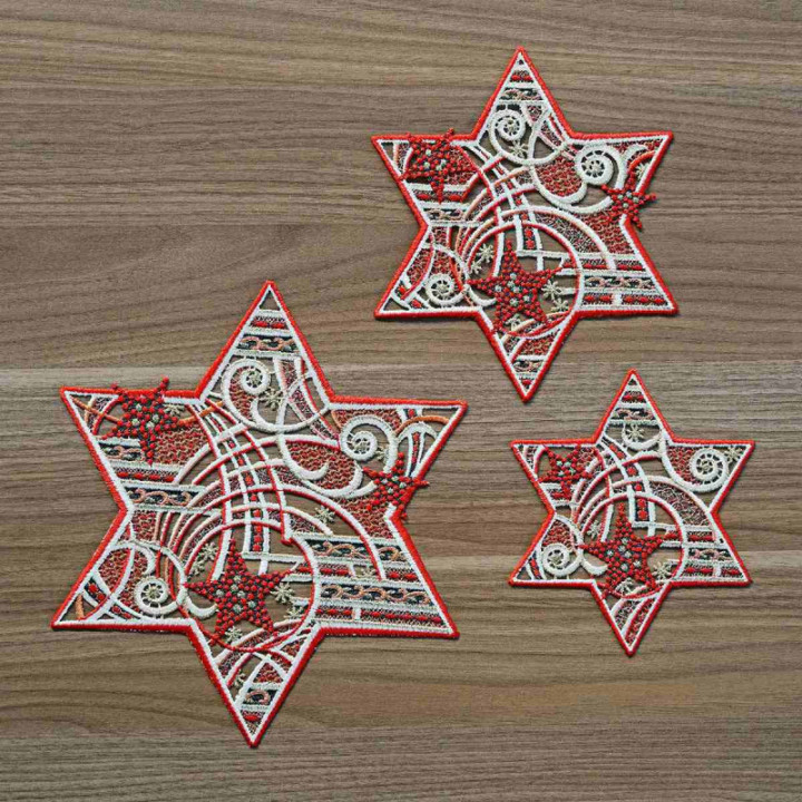 Winter-Deckchen Sternenschweif Plauener Spitze rot 3er Set