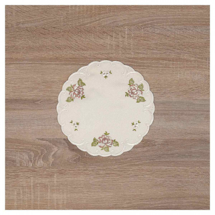 Deckchen Röslein Plauener Spitze Tischdecke in natur mit Rosen in rot