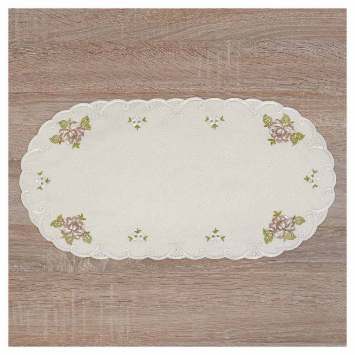 Deckchen Röslein Plauener Spitze Tischdecke in natur mit Rosen in rot