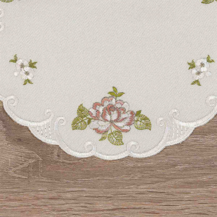 Deckchen Röslein Plauener Spitze Tischdecke in natur mit Rosen in rot
