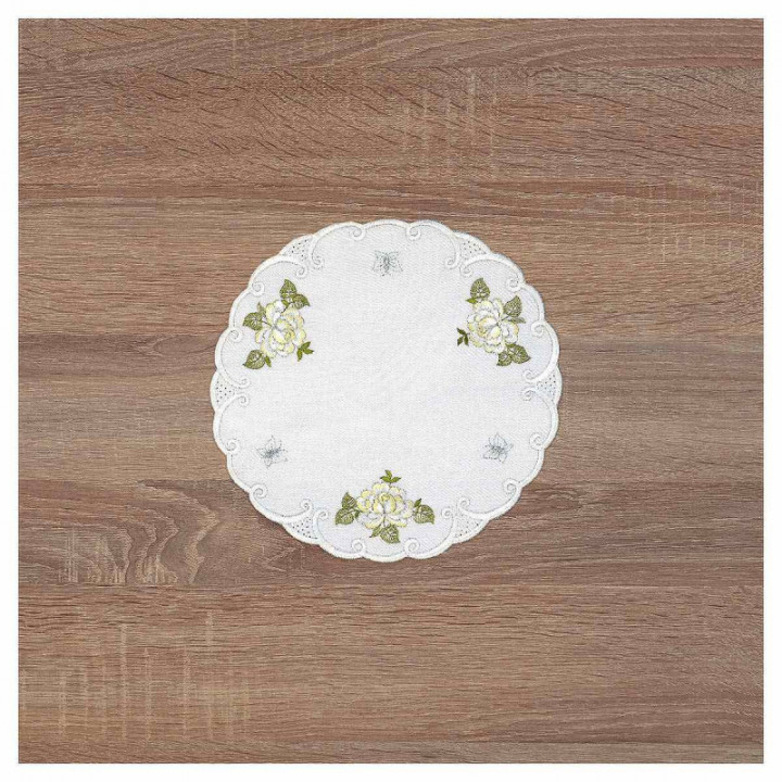 Deckchen Röslein Plauener Spitze Tischdecke in weiß mit Rosen gelb