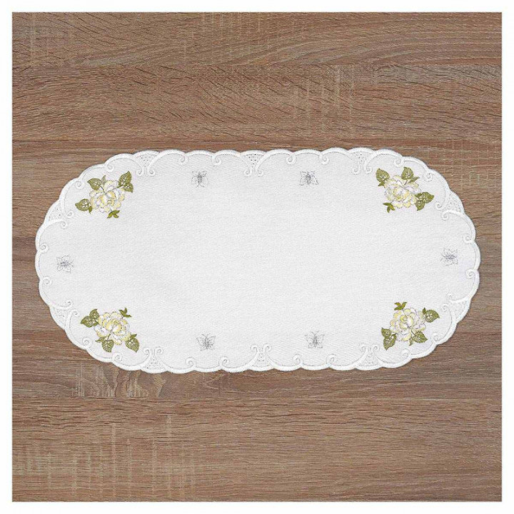 Deckchen Röslein Plauener Spitze Tischdecke in weiß mit Rosen gelb