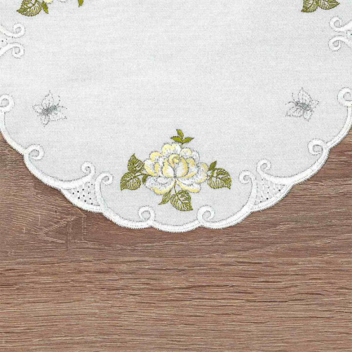 Deckchen Röslein Plauener Spitze Tischdecke in weiß mit Rosen gelb