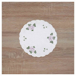 Deckchen Röslein Plauener Spitze Tischdecke in weiß mit Rosen in lila