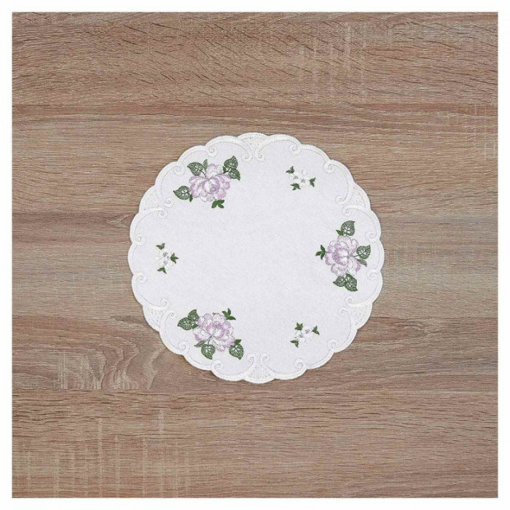 Deckchen Röslein Plauener Spitze Tischdecke in weiß mit Rosen lila