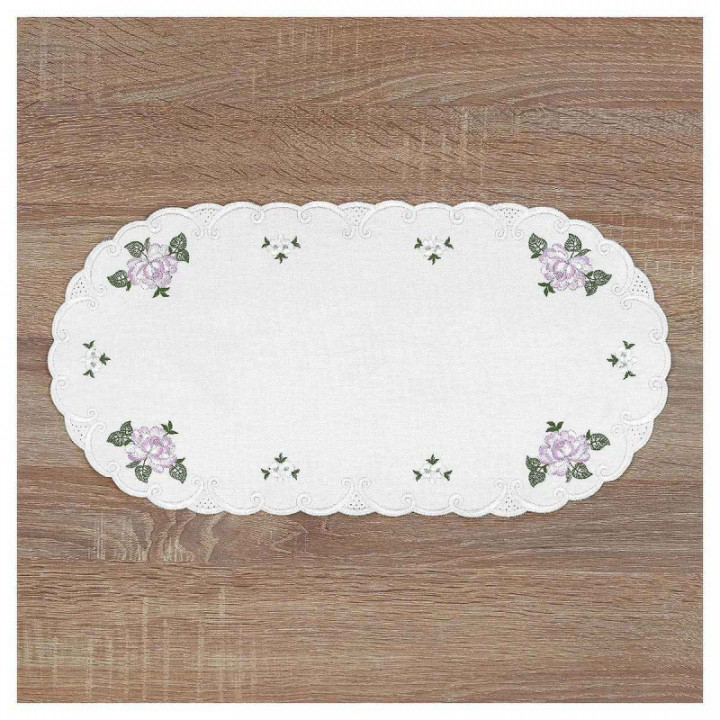 Deckchen Röslein Plauener Spitze Tischdecke in weiß mit Rosen lila