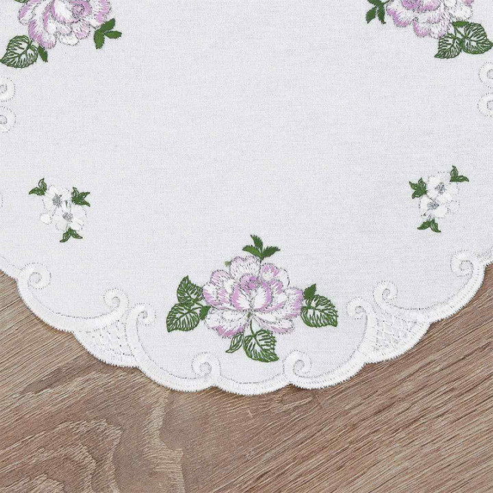Deckchen Röslein Plauener Spitze Tischdecke in weiß mit Rosen lila