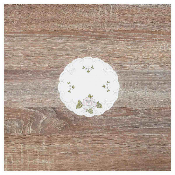 Deckchen Röslein Plauener Spitze Tischdecke in weiß mit Rosen rosa