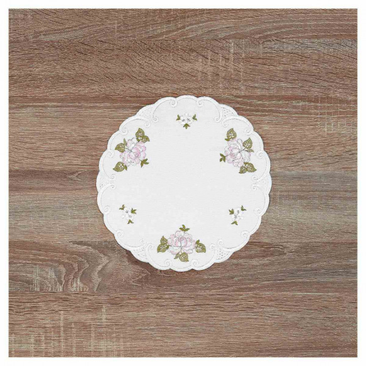 Deckchen Röslein Plauener Spitze Tischdecke in weiß mit Rosen rosa