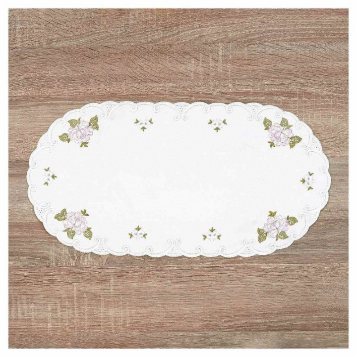 Deckchen Röslein Plauener Spitze Tischdecke in weiß mit Rosen rosa