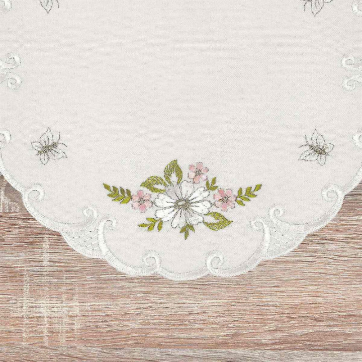 Deckchen Margeriten Plauener Spitze Tischdecke natur mit Blumen rosa