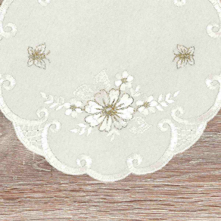 Deckchen Margeriten Plauener Spitze Tischdecke natur mit Blumen creme