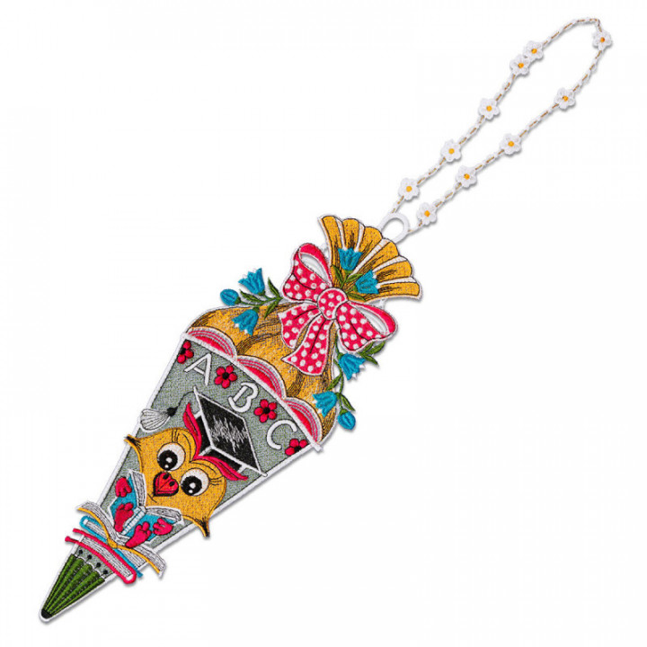 Geschenk-Anhänger Zuckertüte mit Eule Schulanfang Plauener Spitze