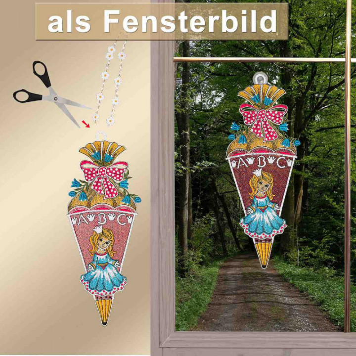 Geschenk-Anhänger Zuckertüte mit Prinzessin Schulanfang Plauener Spitze