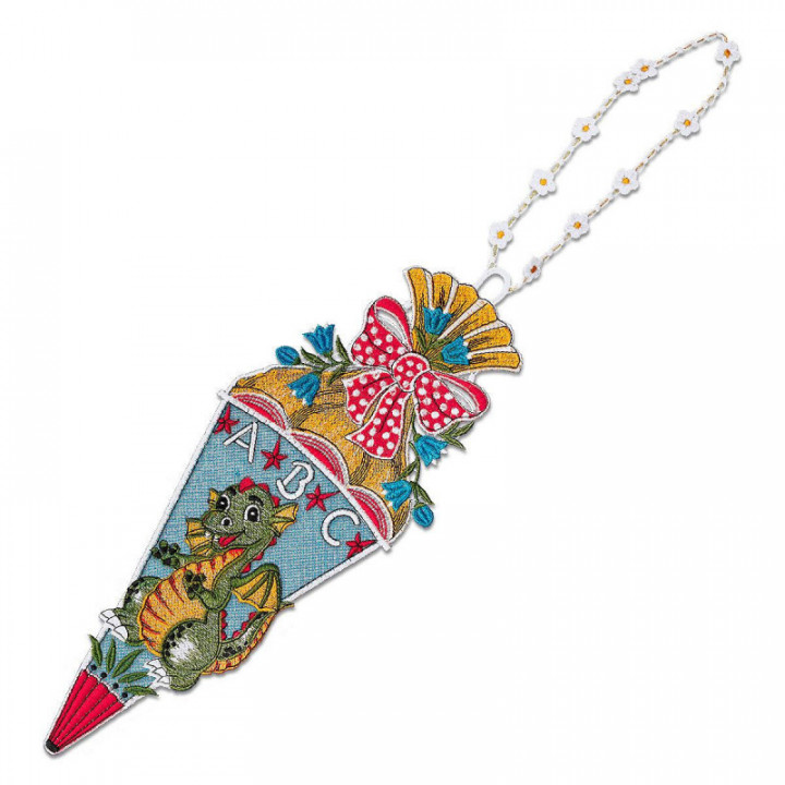 Geschenk-Anhänger Zuckertüte kleiner Drache Schulanfang Plauener Spitze