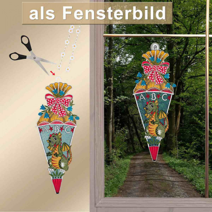 Geschenk-Anhänger Zuckertüte kleiner Drache Schulanfang Plauener Spitze