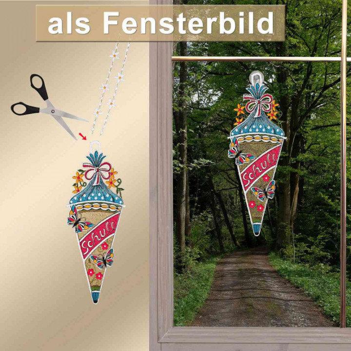 Geschenk-Anhänger Zuckertüte mit Schmetterlingen Plauener Spitze Einschulung