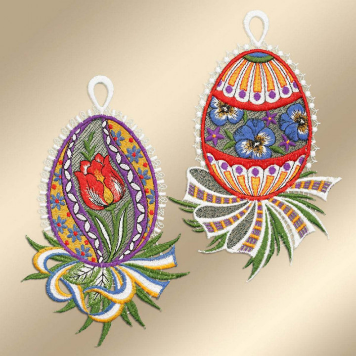 Fensterbilder-Set Ostereier Tulpe & Veilchen - vogtländische Spitze 21x13 cm