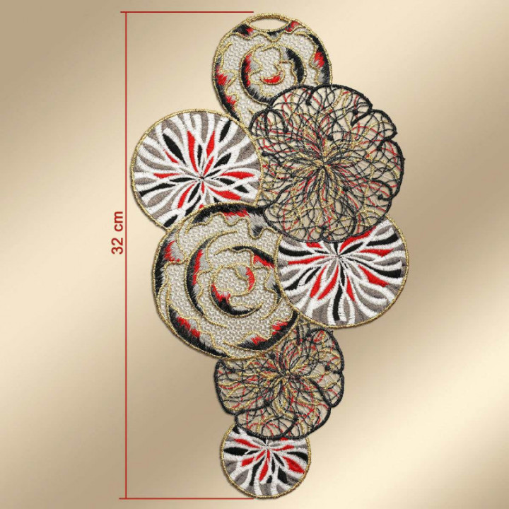 Fensterbild Miran Plauener Spitze Kreise rot-gold