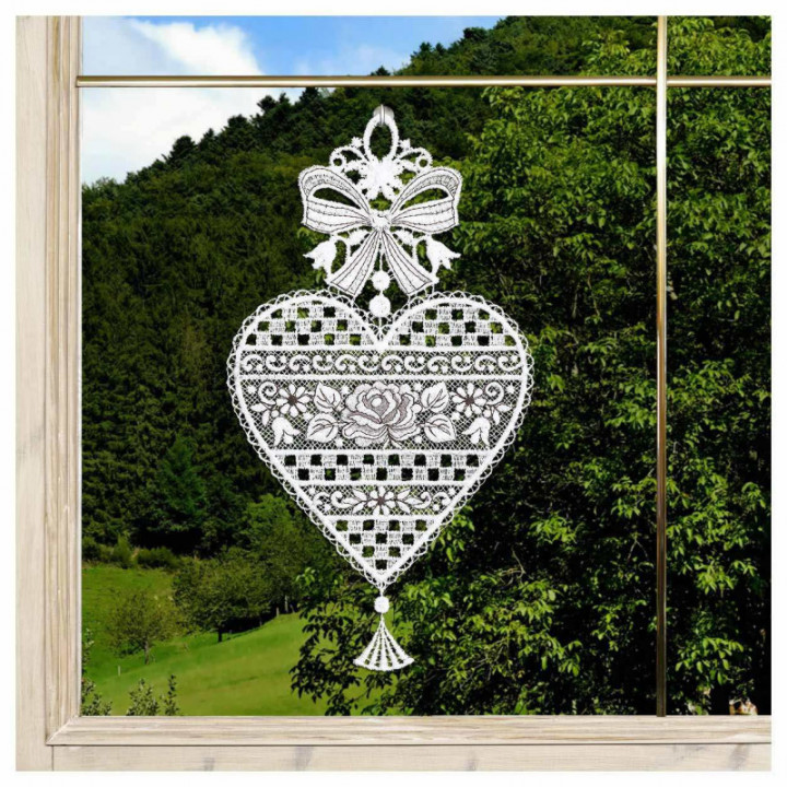 Fensterbild Herz Annemarie Plauener Spitze weiß-braun