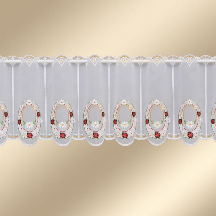 Scheibengardine Marienkäfer Plauener Spitze Landhaus-Scheibenhänger halbtransparent bunt bestickt mit Käfern und Gänseblümchen