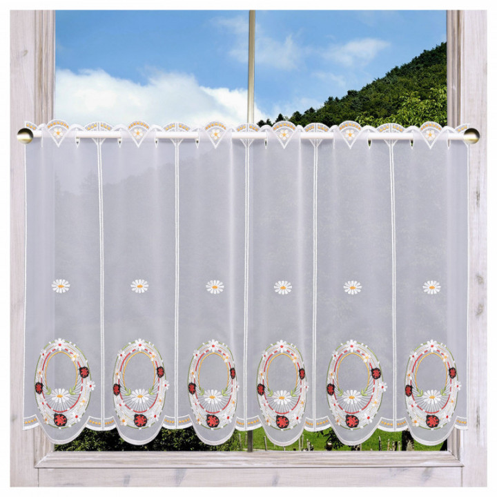 Scheibengardine Marienkäfer Plauener Spitze Landhaus-Scheibenhänger halbtransparent bunt bestickt mit Käfern und Gänseblümchen