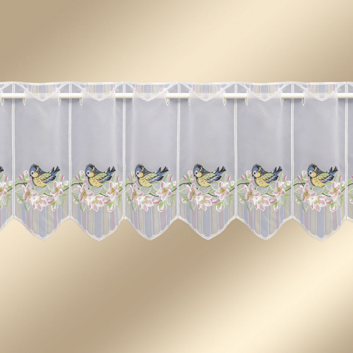 Scheibengardine Blaumeise auf Kirschblütenzweig Plauener Spitze Landhaus-Scheibenhänger halbtransparent bestickt mit Vögelchen