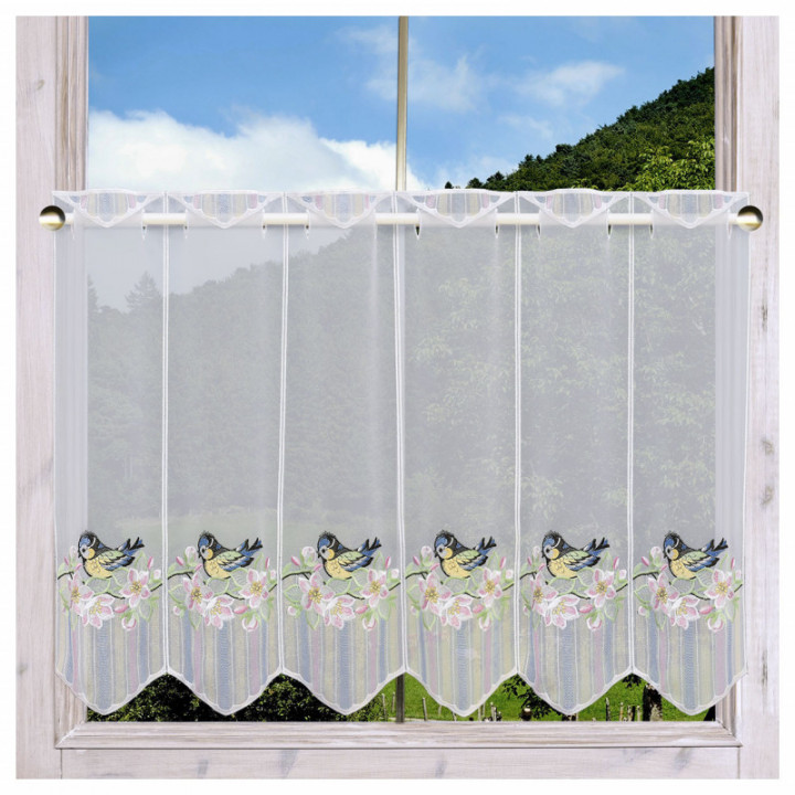 Scheibengardine Blaumeise auf Kirschblütenzweig Plauener Spitze Landhaus-Scheibenhänger halbtransparent bestickt mit Vögelchen
