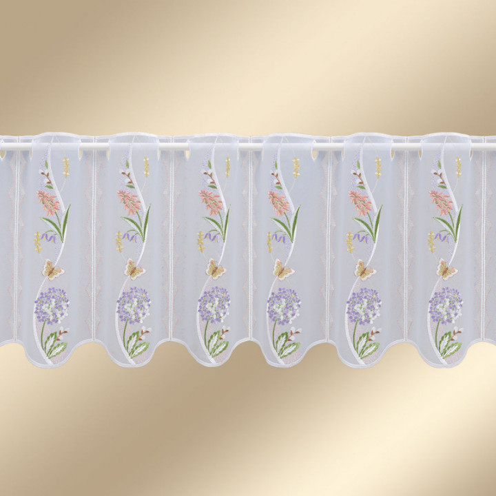 Scheibengardine Florina Blütenmotiv Plauener Spitze Landhaus-Scheibenhänger halbtransparent Weidenkätzchen Blumen Schmetterling