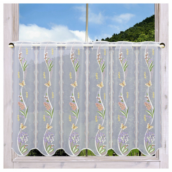 Scheibengardine Florina Blütenmotiv Plauener Spitze Landhaus-Scheibenhänger halbtransparent Weidenkätzchen Blumen Schmetterling