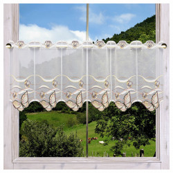 Scheibengardine Schmetterling Braun-Beige Plauener Spitze halbtransparenter Scheibenhänger bestickt mit Falter Wellenlinien und 