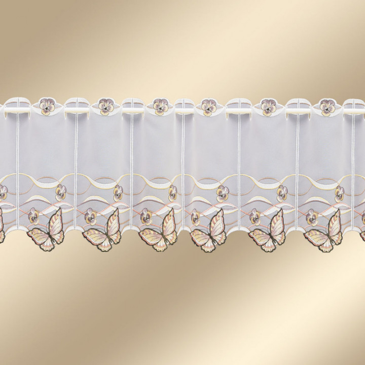 Scheibengardine Schmetterling Braun-Beige Plauener Spitze halbtransparenter Scheibenhänger bestickt mit Falter Wellenlinien und 