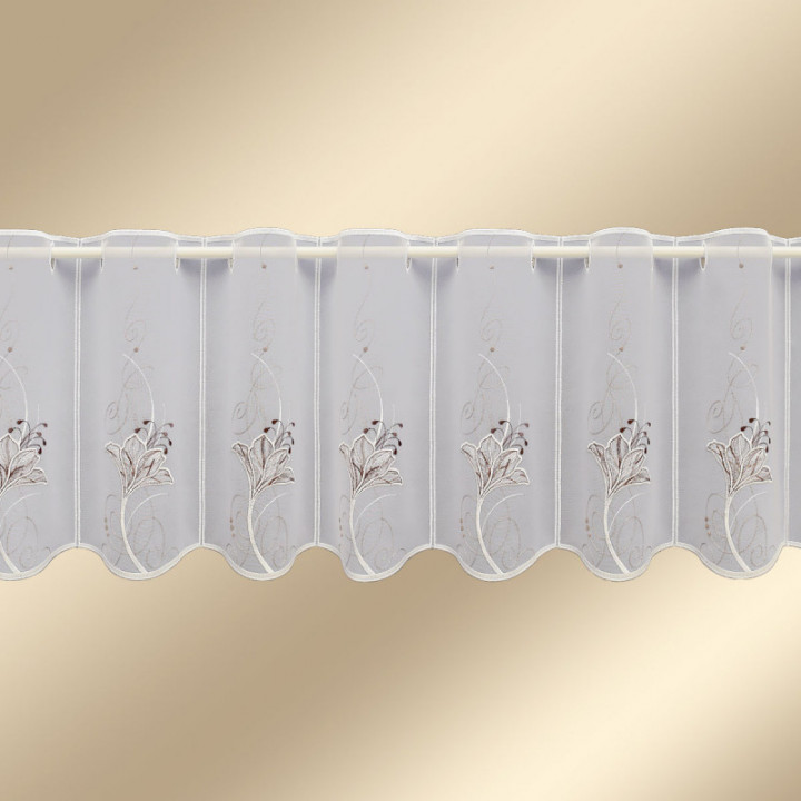 Scheibengardine Lilie Braun-Beige Plauener Spitze zart bestickt Scheibenhänger Ornament-Stickerei und Blüten klassisch-zarte Tön