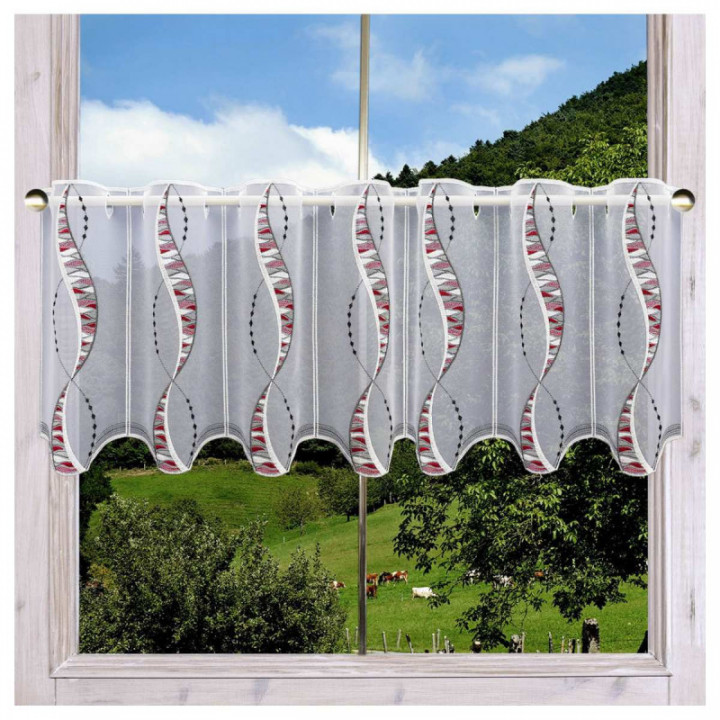 Scheibengardine Devina rot-grau anthrazit Plauener Spitze zart bestickt Scheibenhänger Bänder Ornament-Stickerei Perlenschnurmus