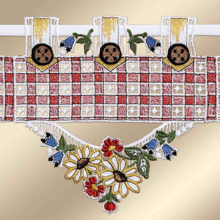 Feenhausgardine Johanna Rot - vogtländische Spitze - 18 cm hoch