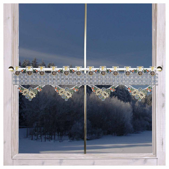 Feenhausgardine Johanna blau – Vogtländischer Spitze – 18 cm hoch