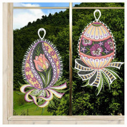 Fensterbilder 2er Set Ostereier Tulpe & Veilchen rosa 21x13 cm | Echte vogtländische Spitze