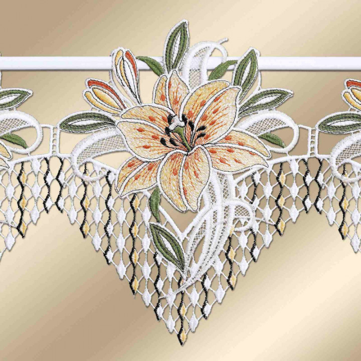 Feenhaus-Spitzengardine Leila mit Lilie gelb Plauener Spitze 23cm hoch