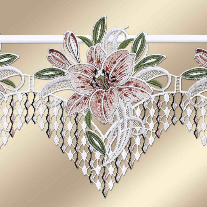 Feenhaus-Spitzengardine Leila mit Lilie rosa Plauener Spitze 23cm hoch