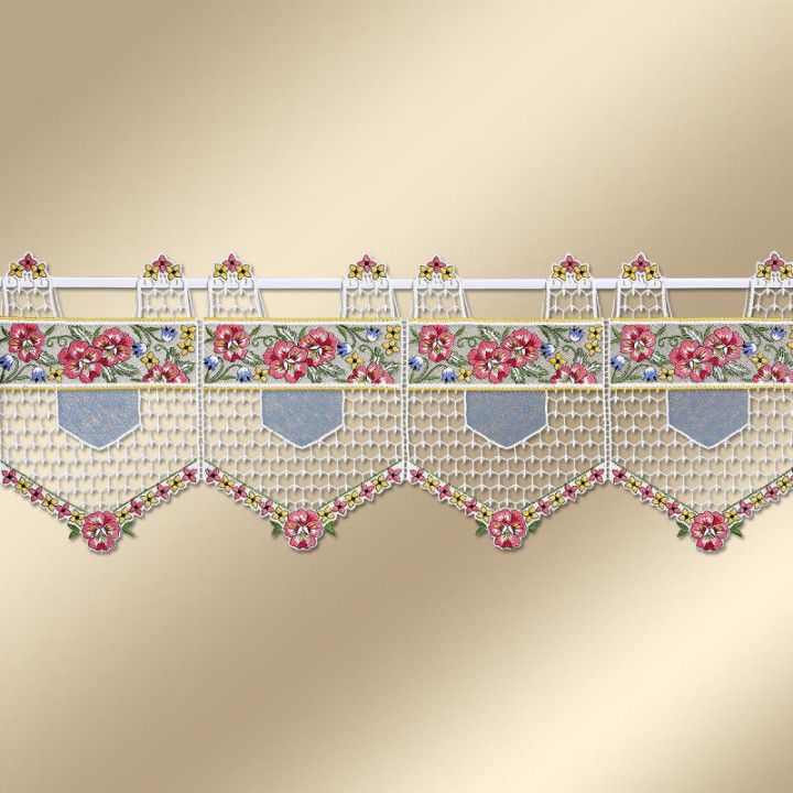 Spitzengardine Valessa Stiefmütterchen Plauener Spitze in rot 27 cm hoch
