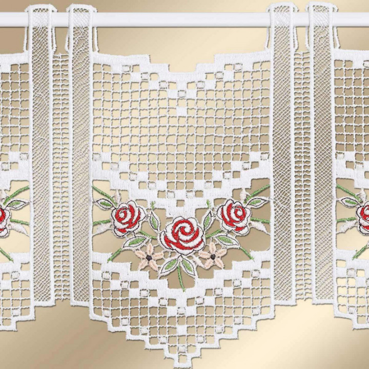 Feenhaus-Scheibengardine Rosalie in rot aus Echter Plauener Spitze