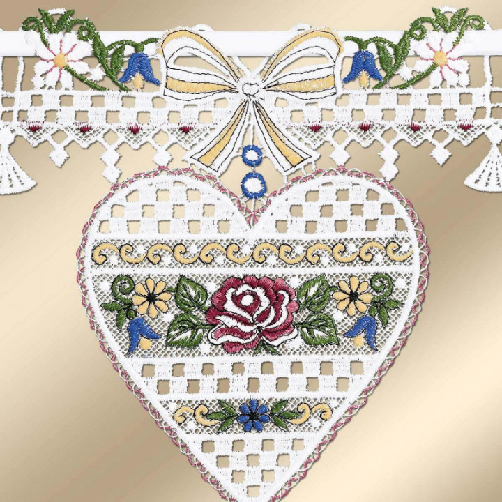 Feenhaus-Scheibengardine Herz Annemarie Plauener Spitze in bunt