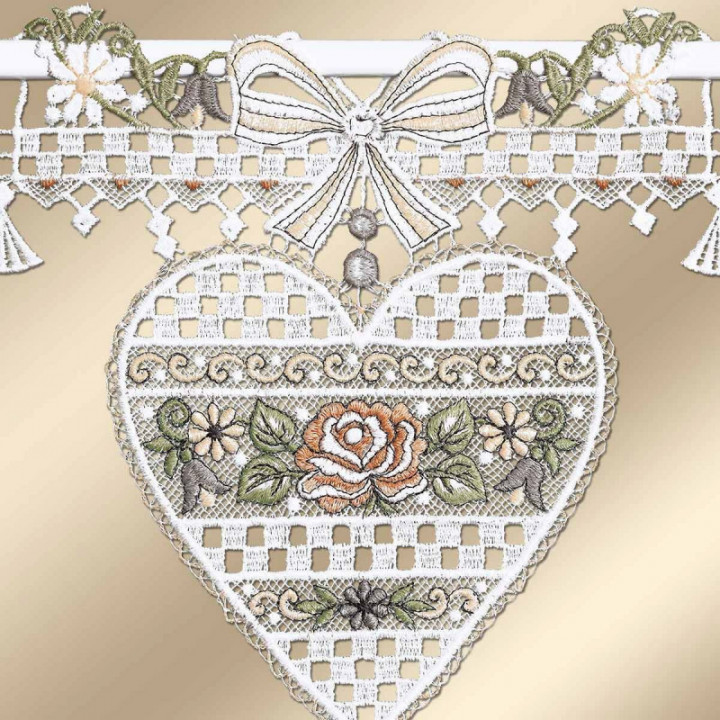 Feenhaus-Scheibengardine Herz Annemarie Plauener Spitze antik-farben