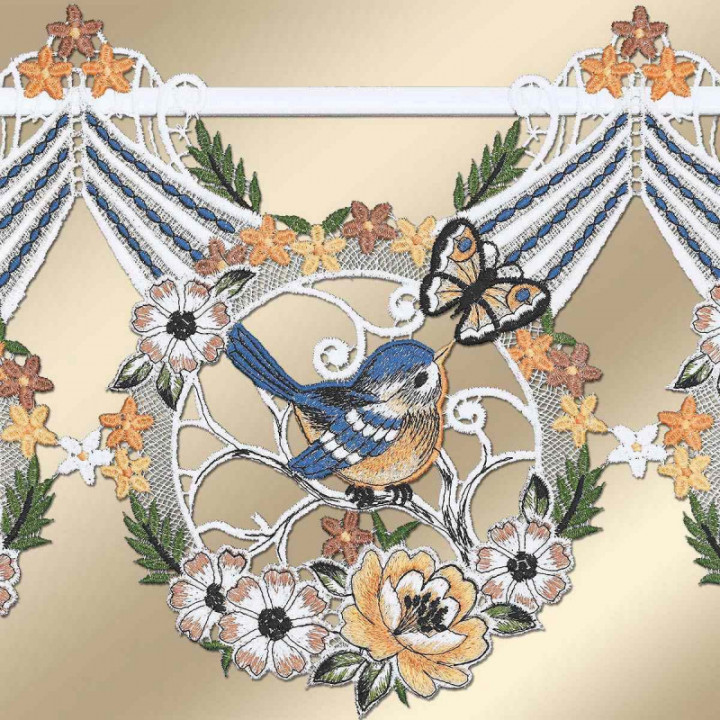 Feenhaus-Scheibengardine Sommerlied Echte Plauener Spitze Vögelchen