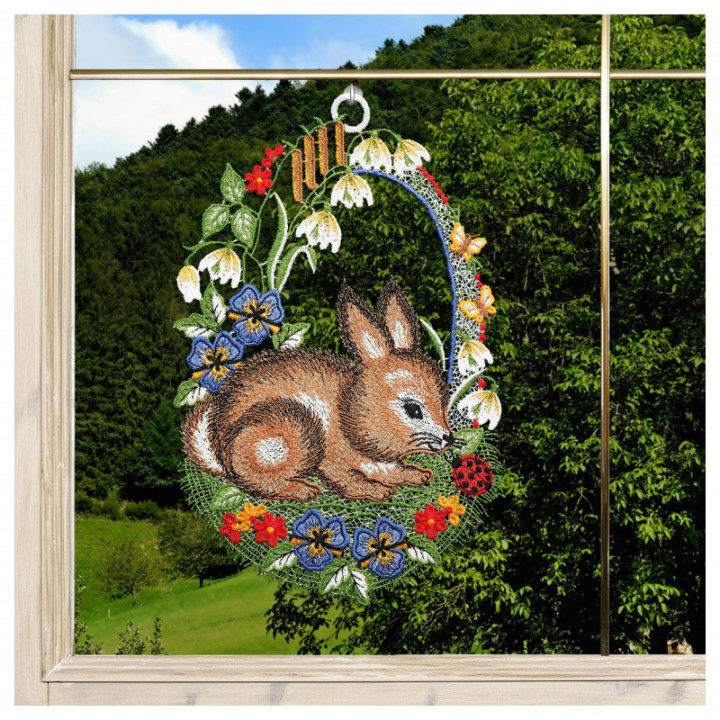 Fensterbild Hase mit Käfer blau - Vogtländischer Spitze