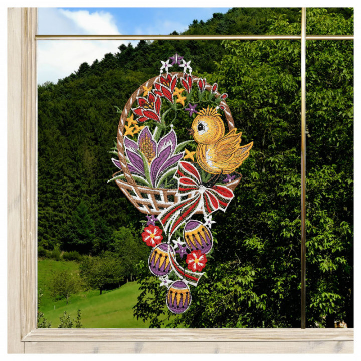 Fensterbild Küken im Osterkorb - Vogtländische Spitze - 33x18 cm