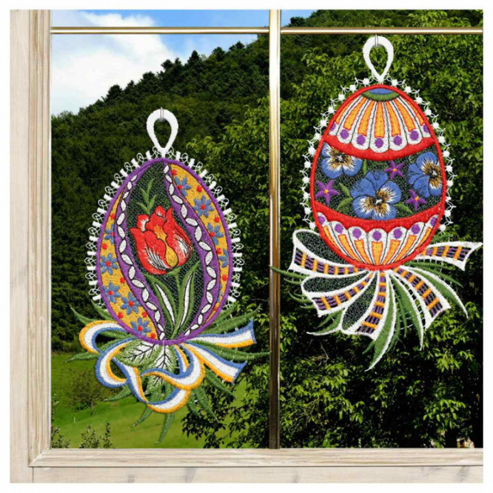 Fensterbilder-Set Ostereier Tulpe & Veilchen - vogtländische Spitze 21x13 cm