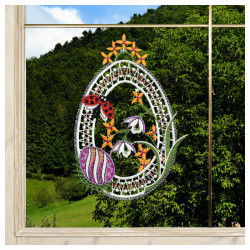 Fensterbild Osterei mit Marienkäfer vogtländische Spitze lila | Fensterdeko für Ostern & Frühling 19x12 cm